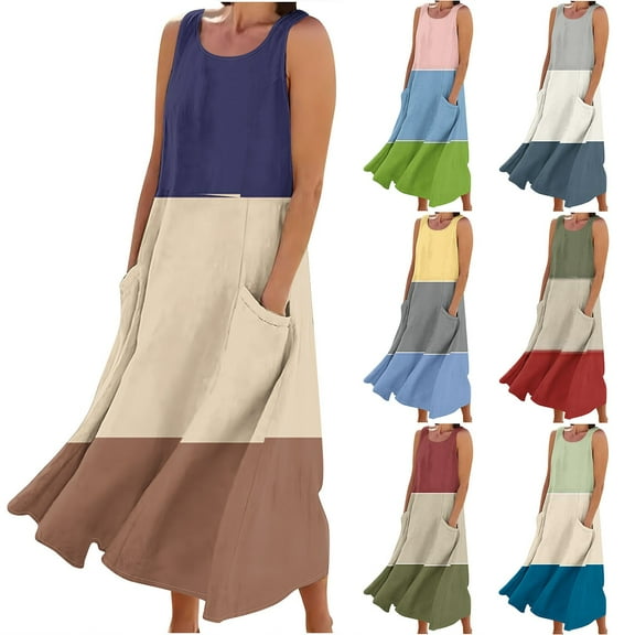 New Summer Fashion Dresses for Womens 2025 Plus Size Sleeveless And Linen Round Neck Printed Long Dress