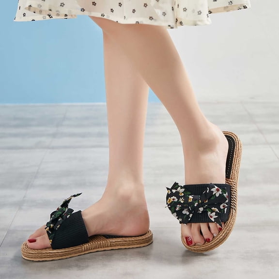 New Summer Flip-flops Linen Floral Flat Sandals Sandals for Women 2025 Green 35