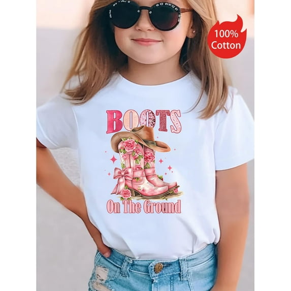 New Summer Girl Boots On The Ground Design Short Sleeved 100% Cotton T-shirt Comfy Casual Tees For Girls, Casual Sporty Tee, Summer Gifts