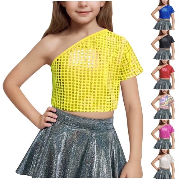 New Summer Graphic Tees Kids Trendy Girls Short Sleeve Tops Asymmetrical Neck Sequined Blouses & Shirts Comfort Soft Female Girls Short Sleeve Tops