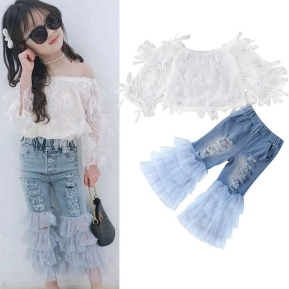 New Summer Kids Baby Girl Princess Clothes Lace Off-Shoulder T-shirt Tops + Ruffle Long Pants Outfits Set