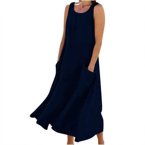 New Summer Maxi Dresses for Womens 2024 Plus Size Fashion Sleeveless Cotton And Linen Round Neck Solid Color Long Dress With Pocket
