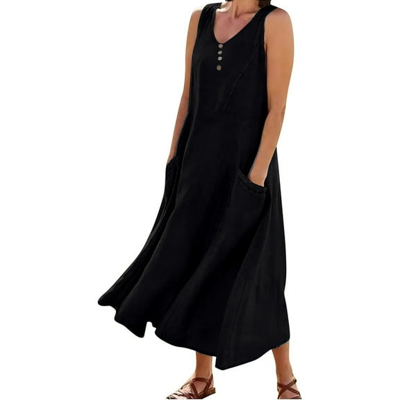 New Summer Maxi Dresses for Womens 2024 Plus Size Fashion Sleeveless Cotton Linen Round Neck With Chest Button Design Long Dress Up to 65% off!