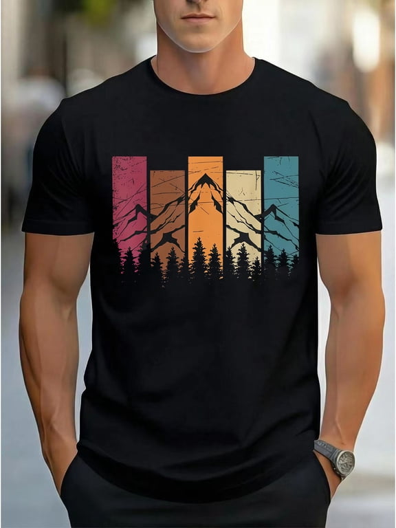 New Summer Men's Vintage Color-Block Mountain Forest Print Short-Sleeve T-Shirt, Casual Crew Neck Versatile Top