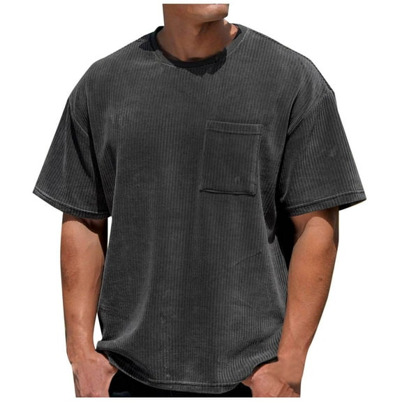 New Summer Mens Tops Shirts 2025 Plus Size Fashion Casual Solid Color Sports Corduroy Pocket Short Sleeve Round-Neck Top T-shirt Blouses