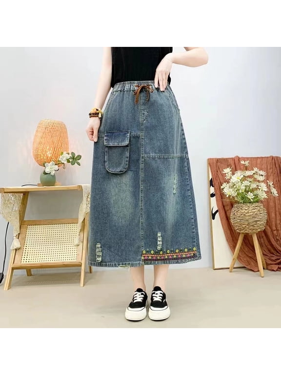 New Summer Mid-Length Denim Skirt: Loose Fit, Elastic Waist, Washed Finish, and Embroidered Patchwork Detail