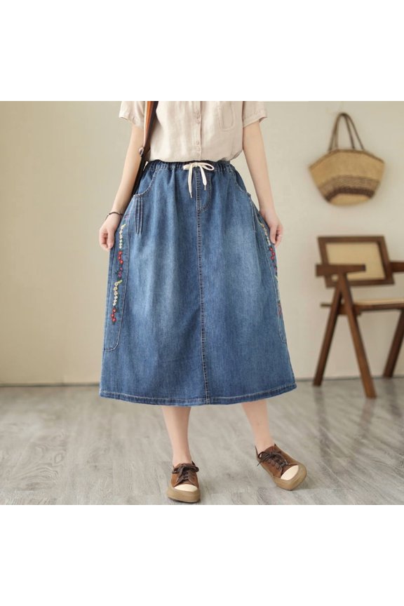 New Summer Mid-Length Denim Skirt: Loose Fit, Elastic Waist, Washed Finish, and Embroidered Patchwork Detail
