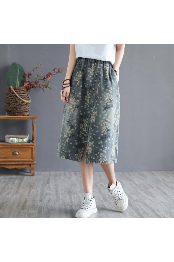 New Summer Mid-Length Denim Skirt: Loose Fit, Elastic Waist, Washed Finish, and Embroidered Patchwork Detail