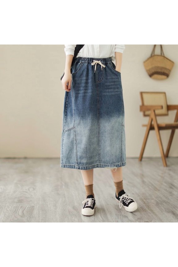 New Summer Mid-Length Denim Skirt: Loose Fit, Elastic Waist, Washed Finish, and Embroidered Patchwork Detail