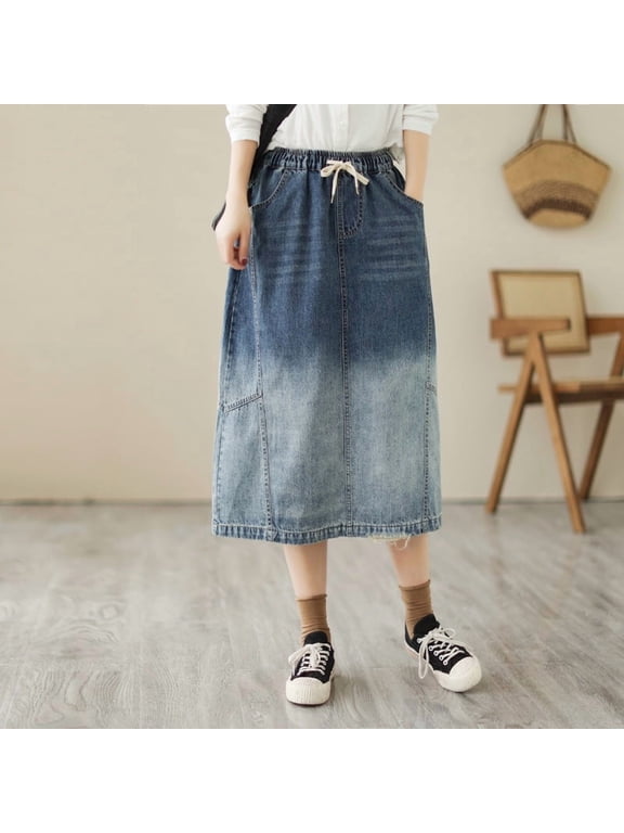 New Summer Mid-Length Denim Skirt: Loose Fit, Elastic Waist, Washed Finish, and Embroidered Patchwork Detail