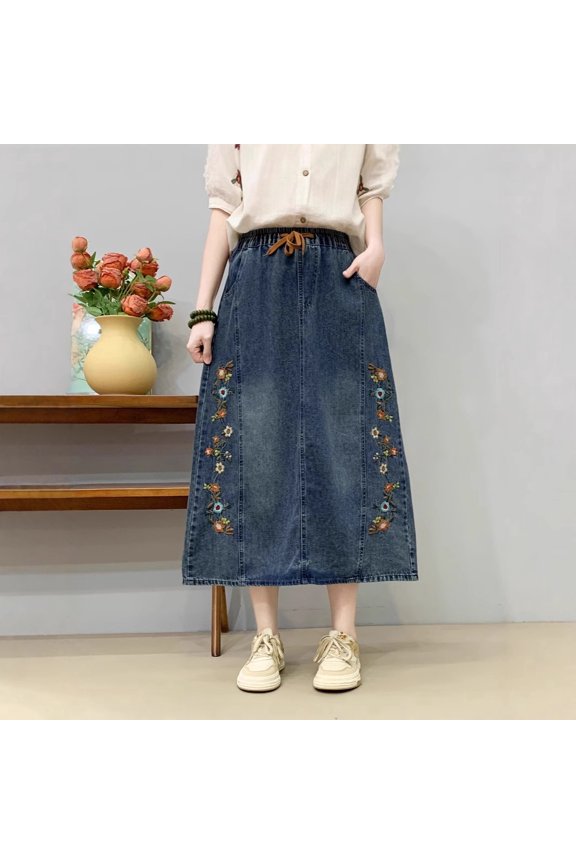 New Summer Mid-Length Denim Skirt: Loose Fit, Elastic Waist, Washed Finish, and Embroidered Patchwork Detail