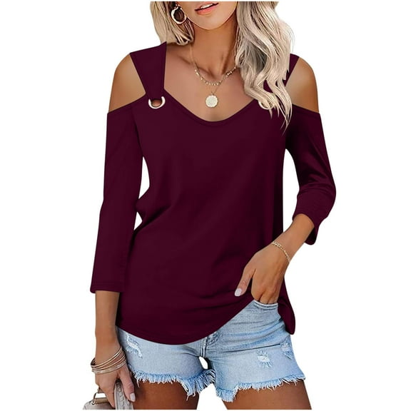 New Summer Oversize 3/4 Sleeve Shirts for Womens 2024 Fashion Solid Color V-Neck Pullover Strapless Tops Shirts Blouse Gifts for Womens