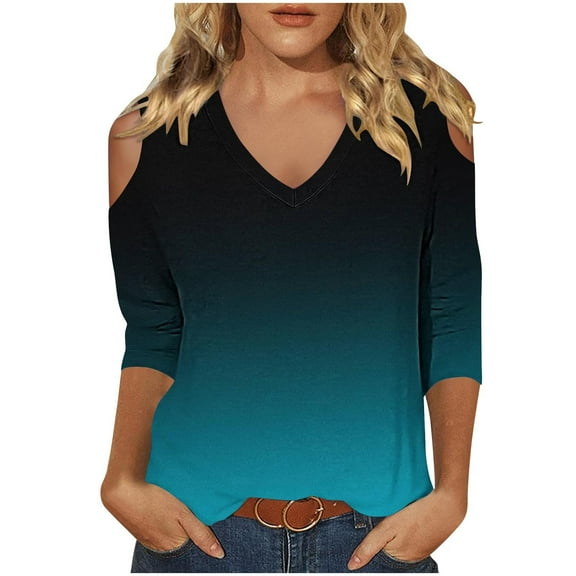 New Summer Oversize 3/4 Sleeve Shirts for Womens 2024 Fashion Casual Off Shoulder V-neck Printed Top