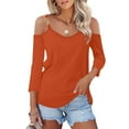 thumbnail image 1 of New Summer Oversize 3/4 Sleeve Shirts for Womens 2024 Fashion Solid Color V-Neck Pullover Strapless Tops Shirts Blouse, 1 of 7