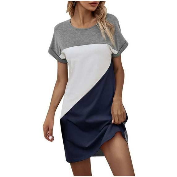 New Summer Plus Size Dresses for Women 2024 Fashion Short-sleeved Round Neck Classic Color Contrast Patchwork Color Loose Solid Color Large-size Dress Short-sleeved Round Neck Mid-calf Dress