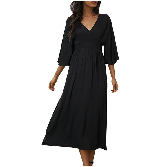 New Summer Plus Size Dresses for Women 2024 Fashion Medium Sleeved V-neck Solid Color Dress