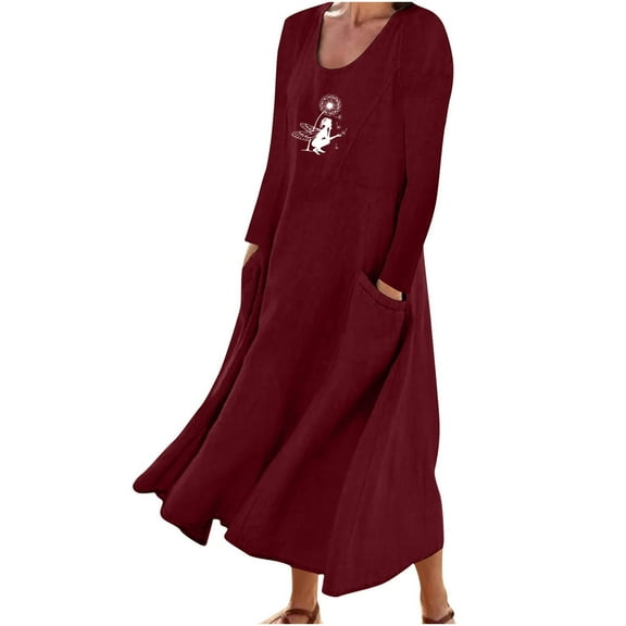 New Summer Plus Size Dresses for Womens 2024 Fashion Long Sleeve Print Cotton Linen Round Neck Pocket Dress