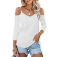 thumbnail image 1 of New Summer Plus Size Tops for Womens 2024 Fashion 3/4 Sleeve Solid Color V-Neck Pullover Strapless Tops Shirts Blouse Gifts for Womens, 1 of 7