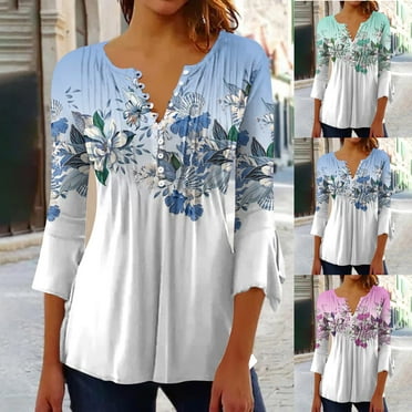 New Summer Plus Size Tops for Womens 2024 Fashion 3/4 Sleeve Printed T-shirt s Blouse V-Neck Casual Tops Blouse 50% off Clearance!