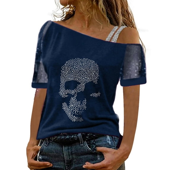 New Summer Printed Gothic T-Shirt Women's Sexy Glitter Short Sleeve Top Punk Style Off Shoulder T-Shirt-Blue-L