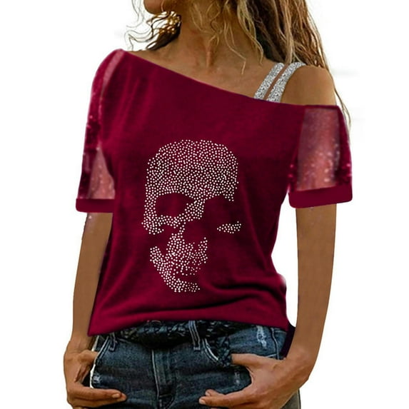 New Summer Printed Gothic T-Shirt Women's Sexy Glitter Short Sleeve Top Punk Style Off Shoulder T-Shirt-Red-XXL