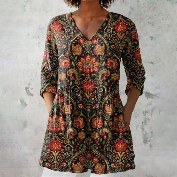 New Summer Printed Group Linen V Neck Casual Shirt, Brown L, Size S-XXXL