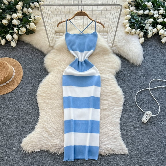 New Summer Stripe Elastic Bodycon Strap Dress Sexy Blackless Beach Sundress Women Casual Slim Pencil Vestidos Maxi Long Dress