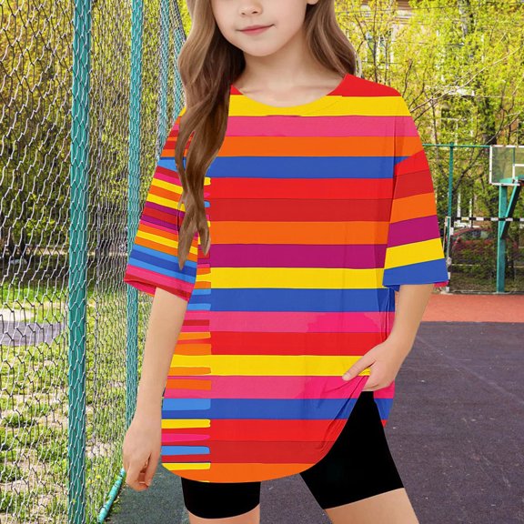 New Summer Tops for Girls Leisure Boys and Girls Short Sleeve Tops Crewneck Striped Blouses & Shirts Breathable Unisex Graphic Tees Girls