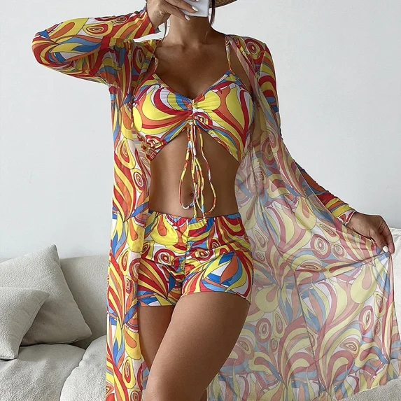 UJJHMRR Bikini New Summer Women Sexy 3 Pieces Suit Floral Print Swimwear Drawstring Bikini SeT Holiday Beachwear Bodysuit Overall Swimsuit