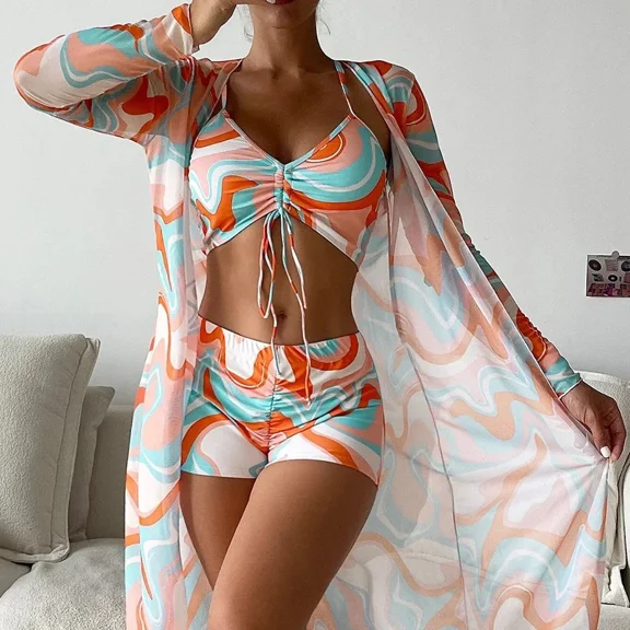 UJJHMRR Bikini New Summer Women Sexy 3 Pieces Suit Floral Print Swimwear Drawstring Bikini SeT Holiday Beachwear Bodysuit Overall Swimsuit