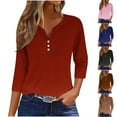 thumbnail image 1 of New Summer Womens Tops 2024 3/4 Sleeves Plus Size Fashion Casual Solid T-shirt Buttons Blouse V-Neck Casual Tops, 1 of 6