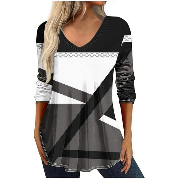 New Summer Womens Tops 2024 3/4 Sleeves Plus Size Fashion Multi-color V-neck Seven Quarter Sleeve Patchwork Printed Tops Long Sleeved V-neck Tops/Shirt