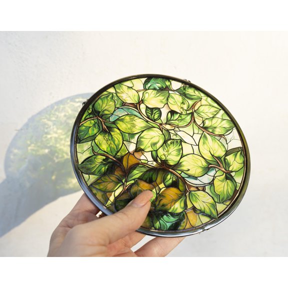 New Sun Catcher with Green Leaves Garden Decor, Sprig Plant Suncatcher, Printed Glass Window or Wall Hanging, Plant Lover Gift for Mom Grandma