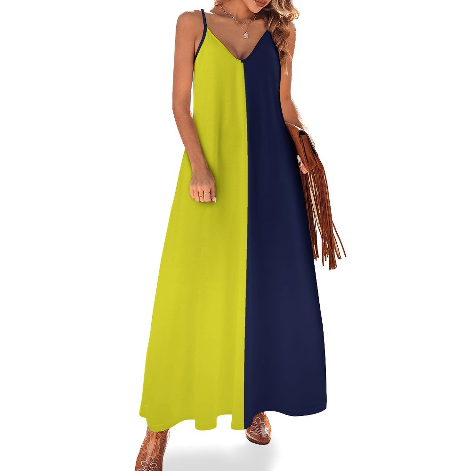 New Sunflower Yellow and Dark Navy Blue Solid Color Sleeveless Dress summer  outfits for women 2024 p - Walmart.com