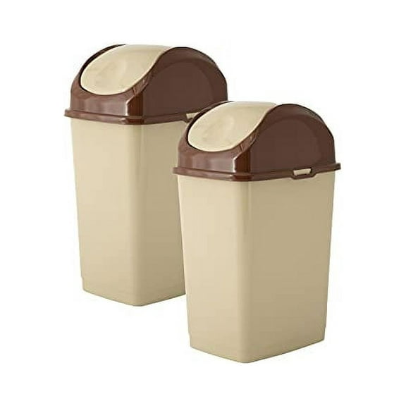 New Superio Small 2.5 Gallon Plastic Trash Can with Swing Top Lid, Waste Bin for Under Desk, Office, Bedroom, Bathroom- 10 Qt (Beige/Brown)