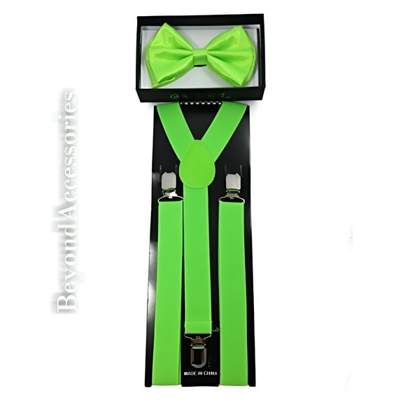 New Suspender Bow Tie Matching Colors Adults Unisex Formal - Halloween - Neon Green Combo