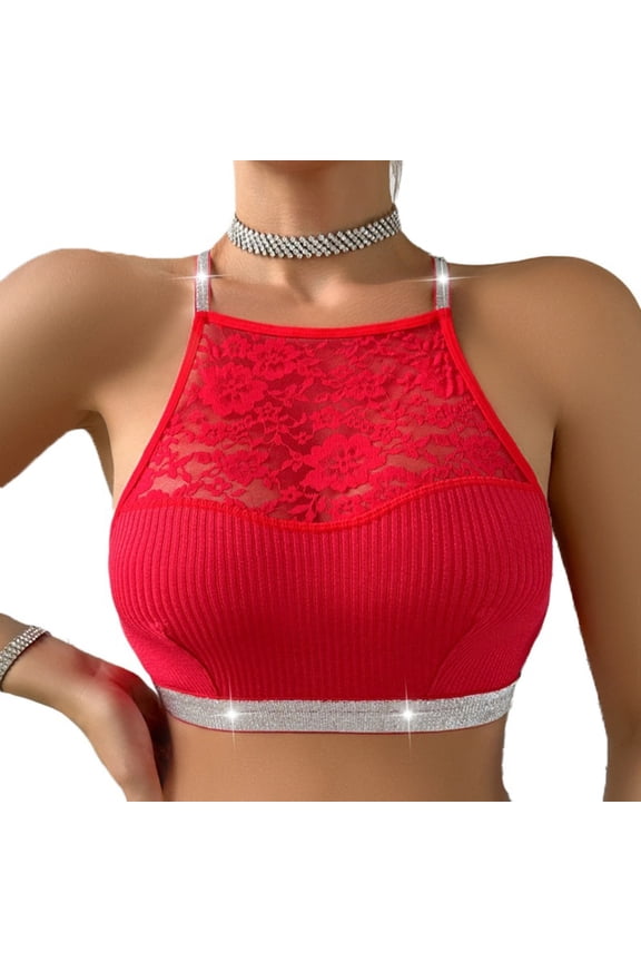 New Suspender Vest Mesh Sleeveless Lace Halter Cami Streetwear Beauty Back Halter Tank Top