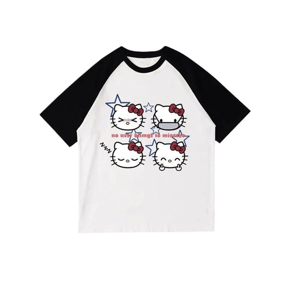 New Sweet Cool Hello Kitty Printed Color blocked Short sleeved T-shirt for Women's Summer Cute Loose Top