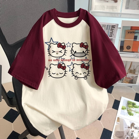 New Sweet Cool Hello Kitty Printed Color blocked Short sleeved T-shirt for Women's Summer Cute Loose Top