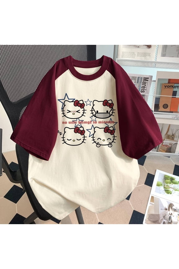 New Sweet Cool Hello Kitty Printed Color blocked Short sleeved T-shirt for Women's Summer Cute Loose Top