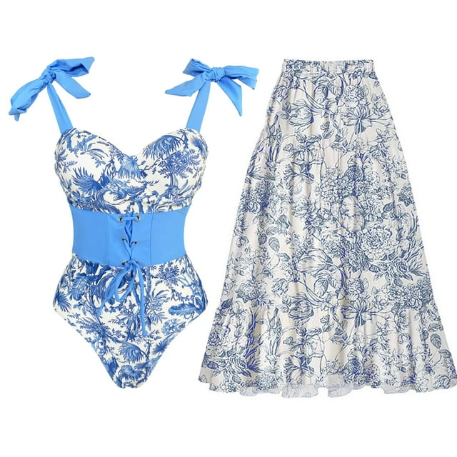 New Swimwear Underwire One Piece Swimsuit with Skirt Print Tummy