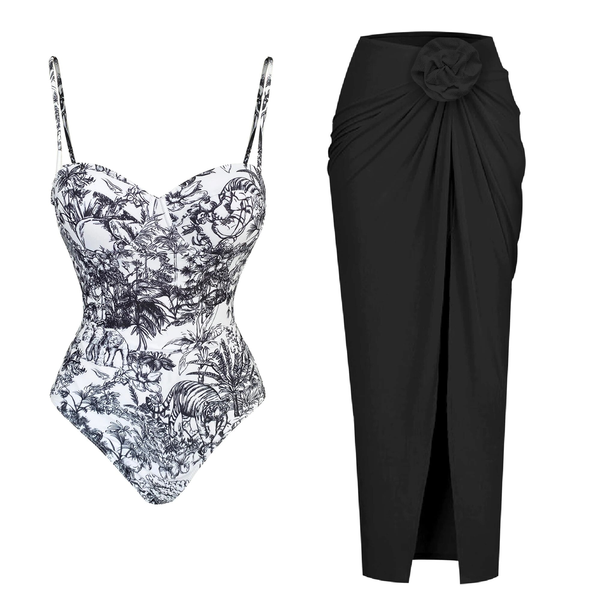 New Swimwear Underwire One Piece Swimsuit with Skirt Print Tummy