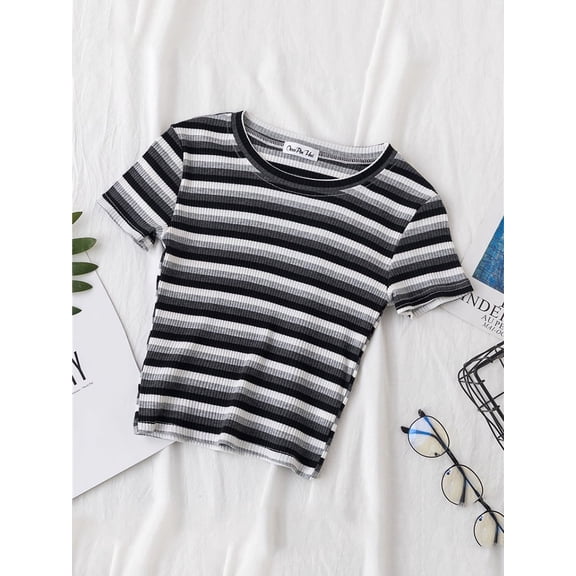 New T Shirt Women Rainbow Striped Tops Slim Fit t shirt Harajuku Tshirt Summer Short Sleeve Korean T-shirt feminina Clothes Tops