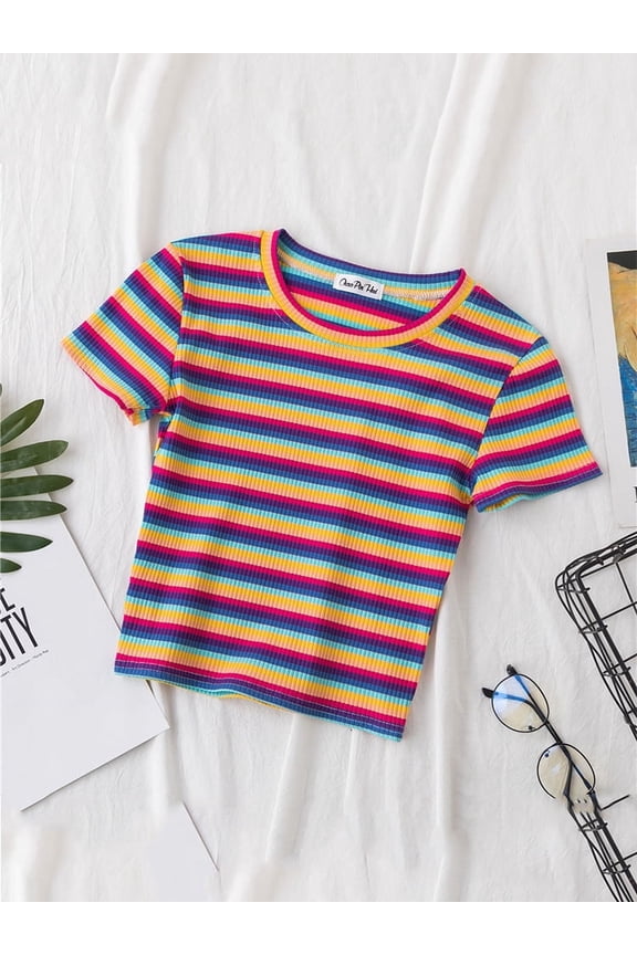 New T Shirt Women Rainbow Striped Tops Slim Fit t shirt Harajuku Tshirt Summer Short Sleeve Korean T-shirt feminina Clothes Tops