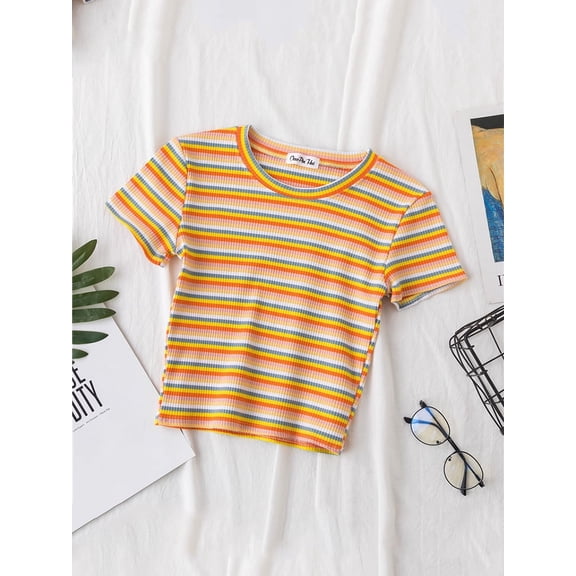 New T Shirt Women Rainbow Striped Tops Slim Fit t shirt Harajuku Tshirt Summer Short Sleeve Korean T-shirt feminina Clothes Tops