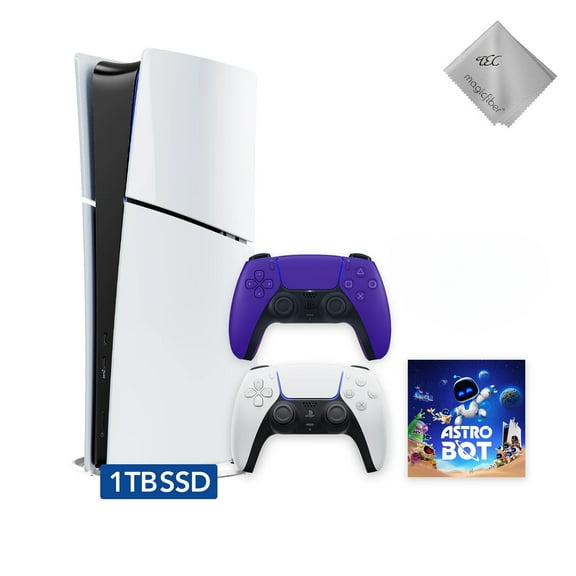 New TEC PS_5 Slim Digital Edition Astro Bot Bundle - 1TB SSD Console with Extra Purple Wireless Controller, Includes White Controller