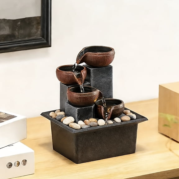New Tabletop Water Feature, Four-Tiered Desktop Waterfall, Calming Fountain for Meditation, Indoor Water Display for Relaxation at Home Or in The Office, Desktop Fountain Basin with LED Illumination