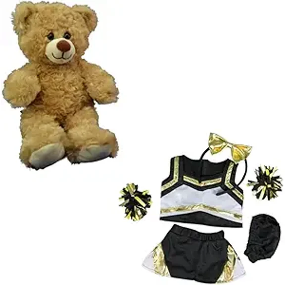 New Taffy the Brown Bear 8-inch Plush Toy in Metallic Gold & Black Cheerleader Uniform - Stuffed Animal with Pompoms and Cheer Bow - Adorable Cheerleading Plush Gift for Kids & Collectors