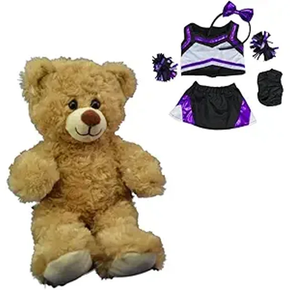 New Taffy the Brown Bear 8-inch Stuffed Toy in Metallic Purple & Black Cheerleader Uniform - Includes Pompoms and Cheer Bow - Adorable Cheerleading Stuffed Animal Gift for Kids & Collectors