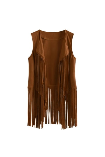 western style tassel brown suede vest mini dress Women's Coffee Brown Suede Fringe Trim Sleeveless Crop Vest 5XL